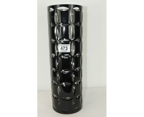 A circa 1960's tall cylindrical amethyst flash cut glass vase with geometric cut design & star cut base, 37cm high