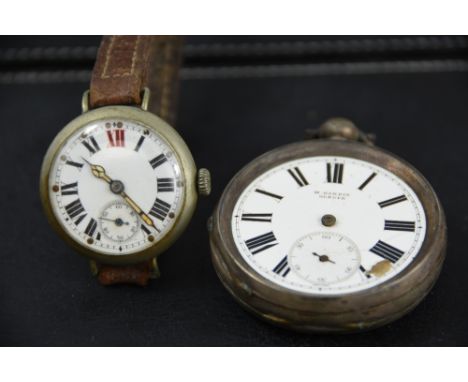 A First World War metal wrist watch, the white enamel dial with black Roman numerals, red 12, luminous dots and hands, subsid