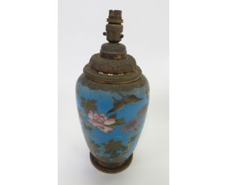 A Japanese cloisonne vase decorated with cranes amongst flowers & foliage, converted into a table lamp with old gilt mounts t