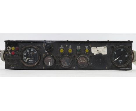 Militaria - a drivers console from a Chieftan Tank, fitted with speed & RPM dials, lights, coolant dials & others, 70cm wide 