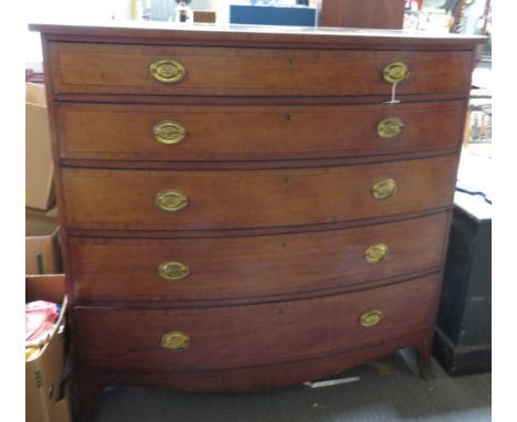 A George IV bow front mahogany chest of five graduated long drawers, having boxwood and ebony line inlay decoration and on sp