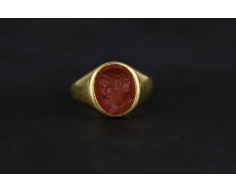 A jasper intaglio, purporting to be dating to 1-2 AD, in a 9 carat gold ring mount, maker LW&G, Birmingham 2015, finger size 