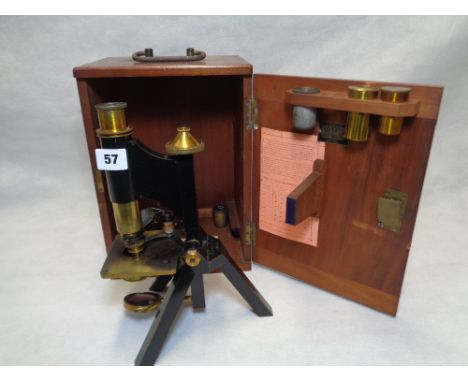R & J Beck of London Tole & Brass Microscope marked 22396 in Mahogany Case with lenses Condition - Some wear to Tole work