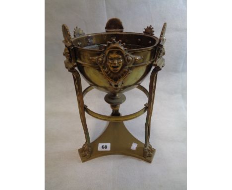 Aesthetics Movement Brass Oil Lamp Base with theatrical mask decoration mounted on lions paw feet on trefoil base, Height 30c