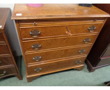 20thC Burr Walnut Chest of 4 drawers with brushing slide, Brass drop handles and bracket feet, Height 88cm Width 79cm Conditi