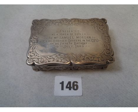 Good Quality Victorian Snuff Box of rectangular form with floral engraved and shaped decoration, Parcel Gilt interior by Edwa