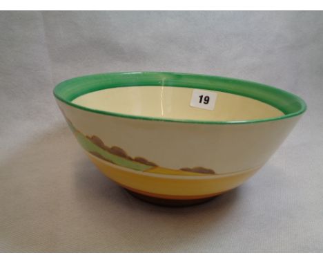 Clarice Cliff ‘Secrets’ Fruit bowl decorated with countryside fields and Red roof cottages, green banding to inside, Fantasqu