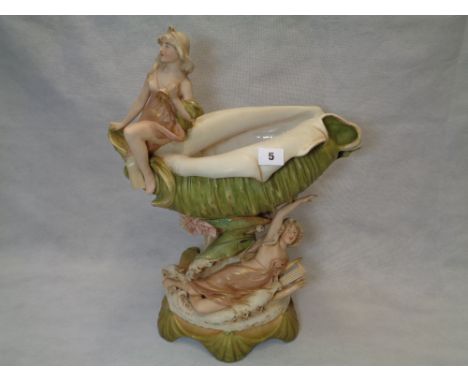 Large Royal Dux Centrepiece with shell bowl decorated with Sea Nymphs, applied Pink Lozenge stamped 2236, height 47cm Conditi