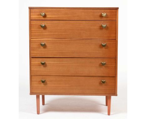 Avalon: A mid Century teak chest of five drawers with shaped brass handles, 81cms x 43cms x 99cms high.