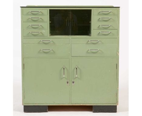 The Premier Cabinet Co., Sedbergh: a mid 20th Century green dentist cabinet "The Martin", with a selection of drawers and cup