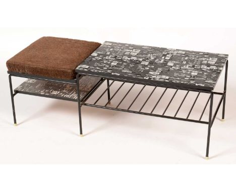 A mid 20th Century formica coffee table/telephone seat, with cityscape design after Jacqueline Groag, the rectangular two-tie