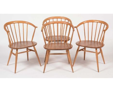 Ercol: a set of four Windsor bow top armchairs, No. 449A, in elm and beech.