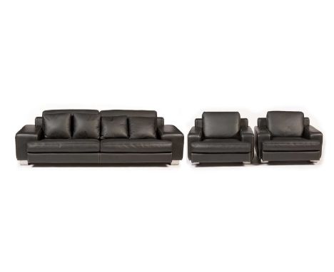 Roche Bobois: a contemporary black leather three-piece suite, the sofa 242 x 94 x 79cms to top of back cushions, the armchair