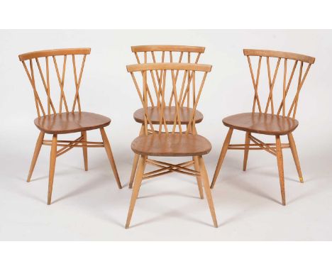 Ercol: a set of four Windsor latticed chairs, No. 376, in beech and elm.