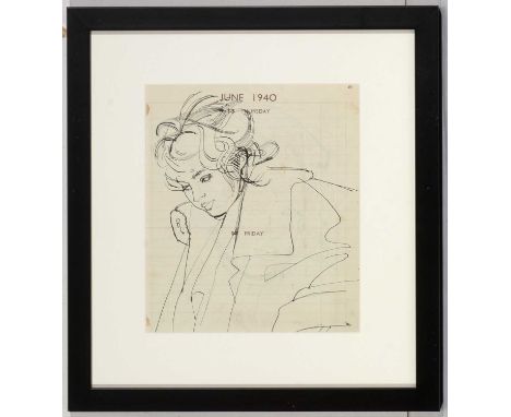 Studio of Robert Oscar Lenkiewicz (1941-2002) - Two portrait studies, with studio blindstamp, pen and ink on diary paper, 20.