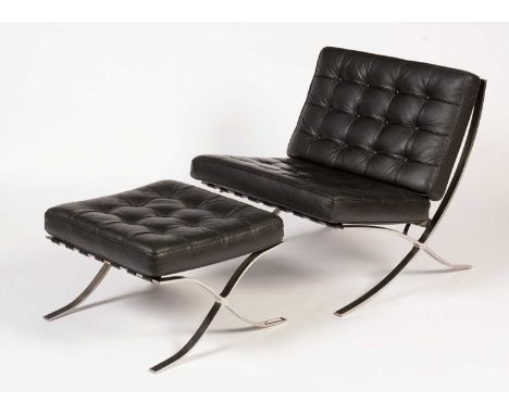 After Ludwig Mies van der Rohe: a 'Barcelona' chair and stool, modern, chromed metal X-frame, black leather buttoned cushion 