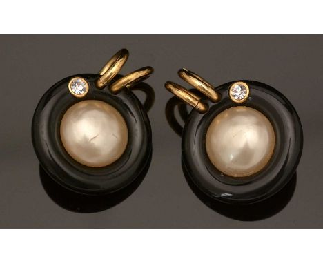 Chanel: a pair of faux mabe-pearl, black plastic and gilt metal earrings, set with paste stone, stamped 'Chanel 28, Made in F