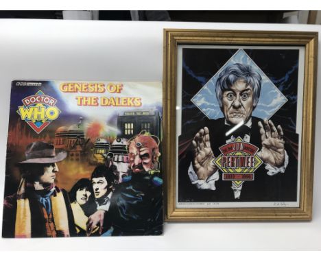 A collection of Doctor Who memorabilia including an original vinyl copy of 'Genesis of The Daleks', a limited edition print o