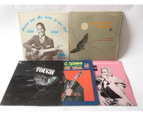 Five collectable blues LPs, artists comprising Howlin Wolf, Magic Sam, Walter Horton and others.