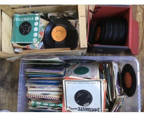 Two boxes and a record box of 7inch singles by various artists including Deep Purple, Sly &amp; The Family Stone, The Beatles