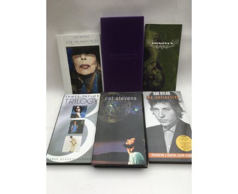 Five singer songwriter CD box sets comprising Bob Dylan, Donovan, Cat Stevens, Joni Mitchell and James Taylor.