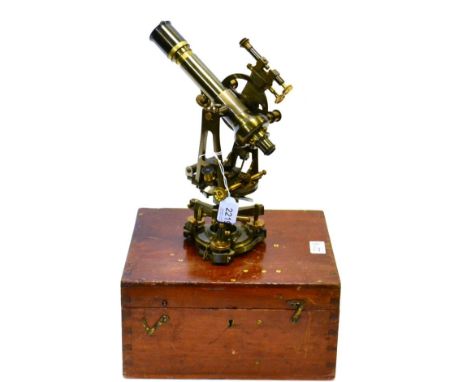 Troughton and Simms Theodolite on rotating mount with twin Vernier scales and spirit level; with plumb line and tripod (in ma