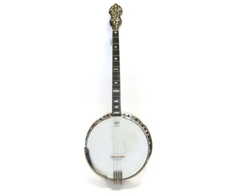 Banjo four string,11'' diameter head, wooden resonator, decorative floral mother of pearl inlay to headstock 'B & D Silver Be