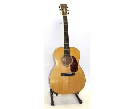 Acoustic Handmade Guitar with Sitka spruce top, red marble effect scratchplate, mahogany back and sides and decorative marque