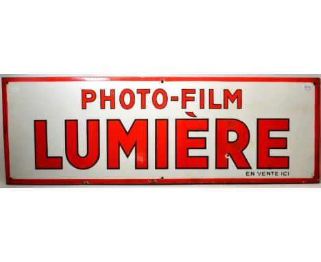 Enamel Advertising Sign 'Photo Film Lumiere' French, with orange lettering with black outline on white ground 47x16'', 120x40