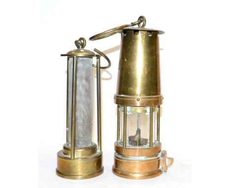 J H Naylor Miners Handlamp all brass, stamped 1 9.5'', 24cm high; together with another lamp with full gauze 7.5'', 19cm high