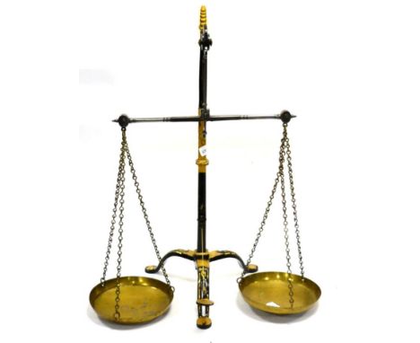 Waterlow & Sons Pan Scales with cast iron tripod stand, black with gold lettering decoration 25'', 64cm high (some wear to le