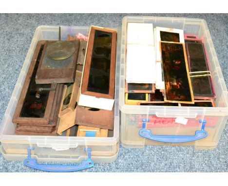Magic Lantern Slides including a few wood mounted examples, most have several images on single rectangular slide (in two boxe