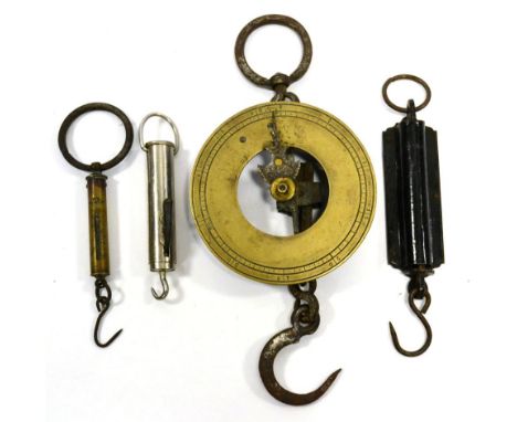 Spring Balances (i) Eugene Lebreton brass with circular dial (ii) Salters Parcel Post 7lb (iii) Salters 6lb (iv) C B Thompson