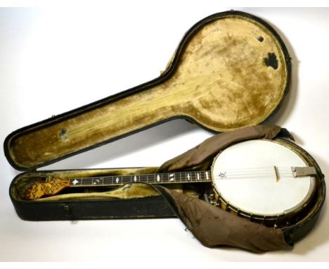 Banjo four string,11'' diameter head, wooden resonator, decorative mother of pearl to headstock 'B & D Silver Bell Serenader'