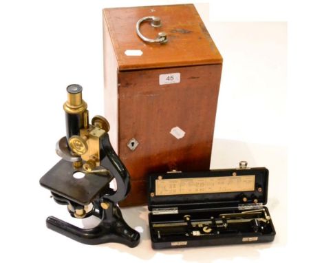 W R Prior (London) Microscope black lacquered/brass with three lens turret, plano-concave mirror, condenser, rack and pinion 