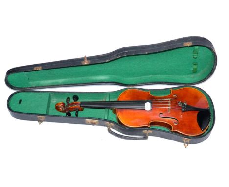 A 19th Century German Violin, labelled 'Antonius Stradivarius...', with a 360mm two piece back, ebony tuning pegs, cased