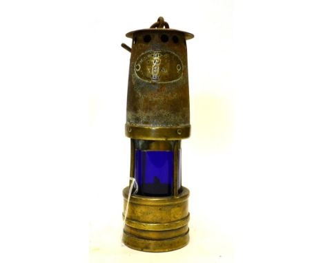 Ackroyd & Best Ltd Owners Miners Lamp, stamped 783 with blue glass 