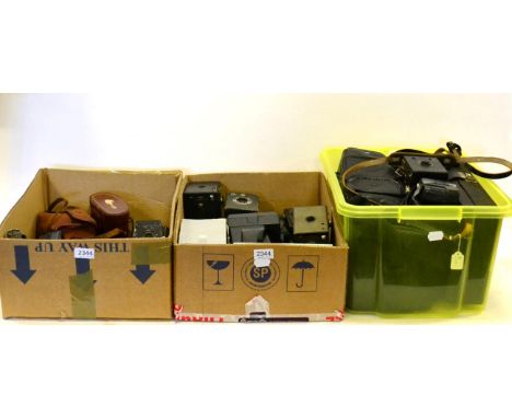 Various Cameras including Kodak folding, Box Brownies, Cine, Polaroid and others with various other related items (in three b