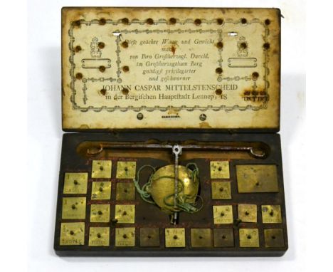 Johann Caspar Mittelstenscheid Set Of Coin Scales And Weights consisting of hand held beam scales with brass pans, various sq