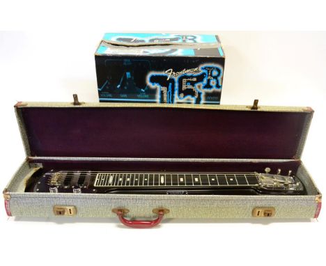 Fender Deluxe 8 Lap Slide Guitar with plaque 'Fender, Fullerton, California', in case (lacks legs) together with a Fender Fro