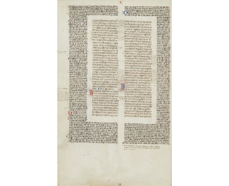 Illuminated manuscript page with blocks of text on either side. With notes in the margins throughout. There are a few margina