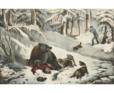 Currier and Ives, United States. Handcolored lithograph titled "Bear Hunting: Close Quarters" depicting a bear attacking a ma