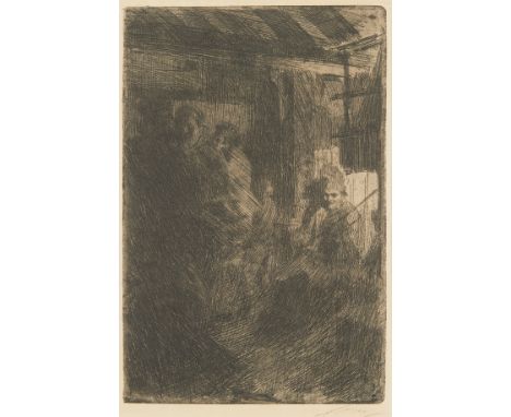 Anders Zorn (Swedish, 1860-1920). Etching on paper titled "Dance at Gopsmor" depicting a fiddler playing a violin in a dark r