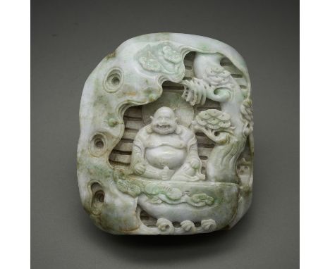 Chinese 20th-century carved jade scene of Buddha sitting below a tree.Height: 5 3/4 in x width: 5 in x depth: 2 in. Weight: 1