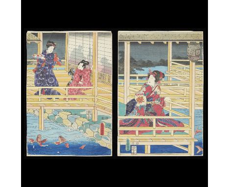 Utagawa Kunisada "Utagawa Toyokuni III" (Japanese, 1786-1865). Pair of woodblock prints from "Genji Monogatari" depicting wom