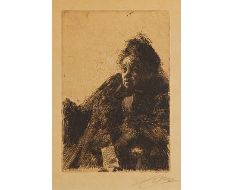 Anders Zorn (Swedish, 1860-1920). Etching on paper titled "Mme Simon II (1891)" depicting a sitting older woman wearing luxur