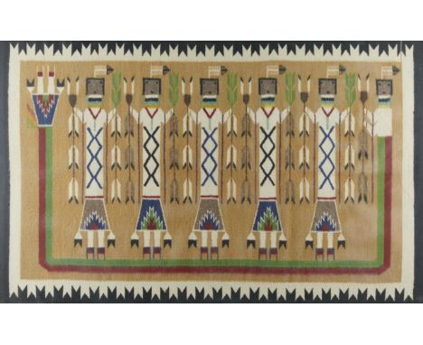 Dorothy Funster (Navajo, 20th c). Yei wool rug or tapestry depicting deity figures standing in a row. Handwoven textile in a 