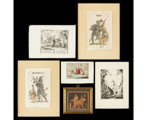 Group of six etchings including:Two hand-colored etchings from an Augsburg coat of arms book titled "Portner" and "Langenmant