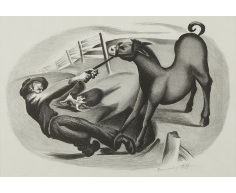 Bernard Joseph Steffen (American, 1907-1980). Lithograph on paper titled "Cantankerous Colt" depicting a farmer struggling to