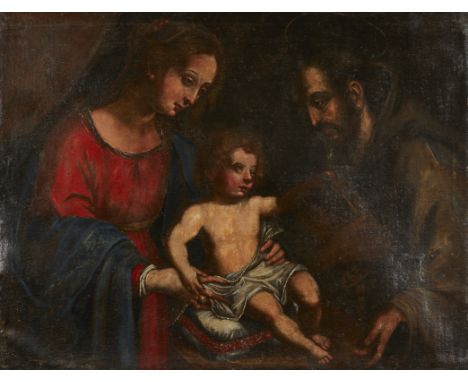 Circa 16th century North Italian oil on canvas painting depicting the Virgin Mary with an infant Christ and Joseph. Signed il